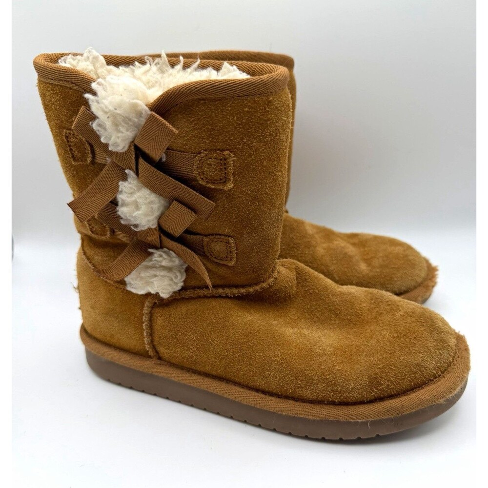 Koolaburra by UGG Victoria Short Boots Chestnut Suede Bow Girls Kid Sz 1 1019372